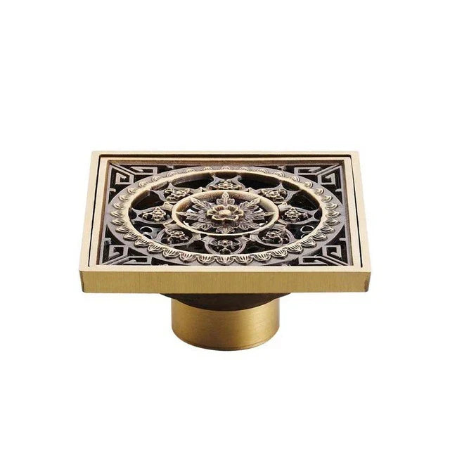 DecorBites™ Antique Brass Shower Floor Drain 10cm Square Waste Strainer Cover Grate