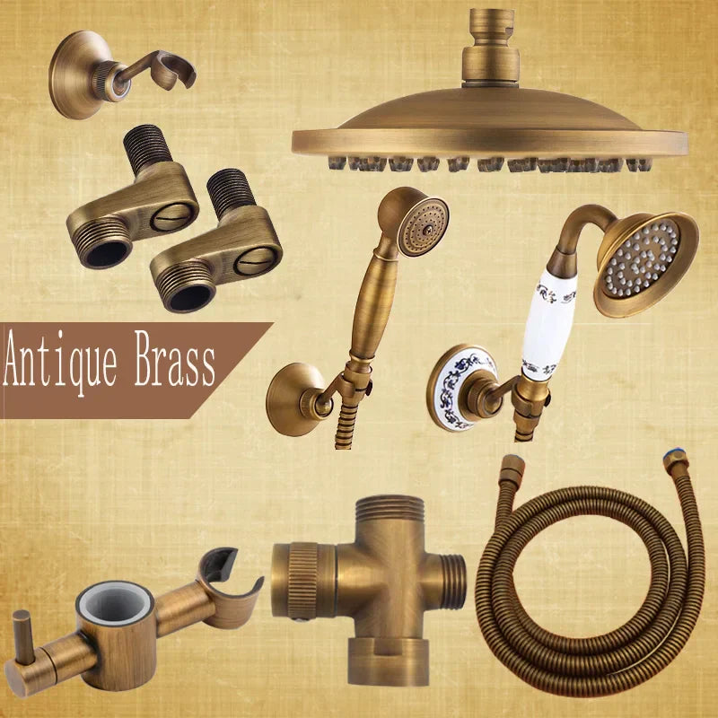 DecorBites™ Antique Brass Shower Set: 8" Rain Head, Hand Shower, Hose, Angle Valve, Bracket