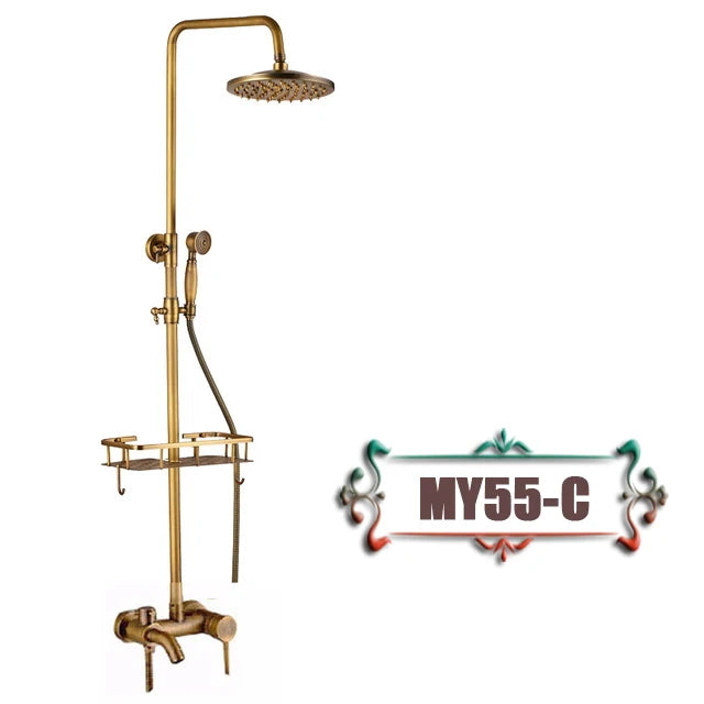 DecorBites™ Antique Brass Wall Mount Bathtub Shower Faucet Dual Handle Shelf Spout