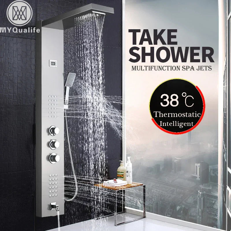 DecorBites™ Brushed Nickel Thermostatic Waterfall Rain Shower Panel with 3 Handles