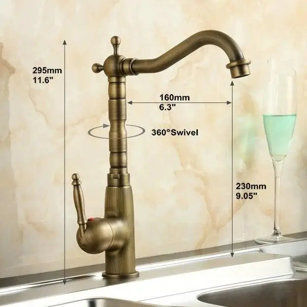 DecorBites™ Antique Brass Porcelain Basin Mixer Hot Cold Tap - 360 Degree Swivel Kitchen Faucet