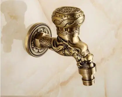 DecorBites™ Dragon Carved Antique Brass Garden Bibcocks Single Cold Tap for Outdoor ★