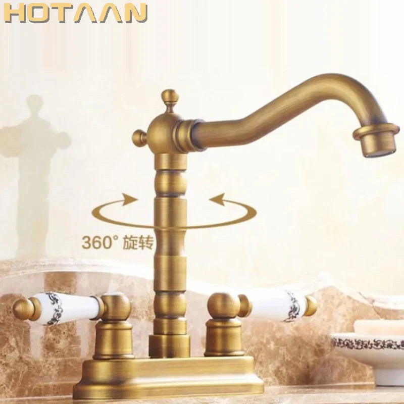 DecorBites™ Antique Brass Dual Hole Basin Faucet Mixer Tap for Bathroom Sink