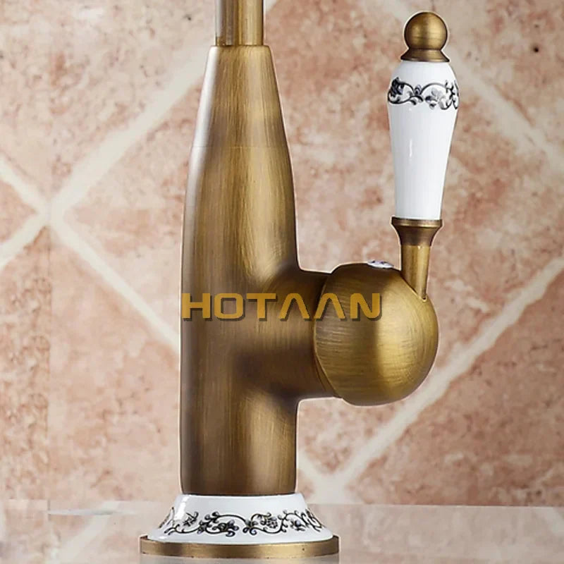 DecorBites™ Antique Brass Kitchen Faucet - Swivel Basin Tap, 360° Rotation, Hot & Cold Water Mixers