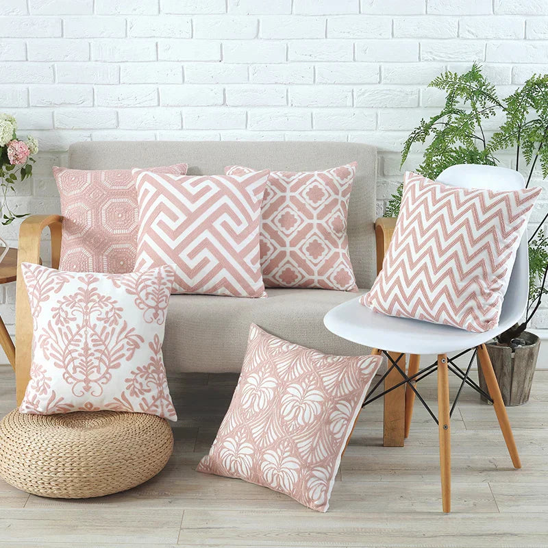 DecorBites™ Grey Pink Geometric Embroidered Cushion Cover, 45x45cm