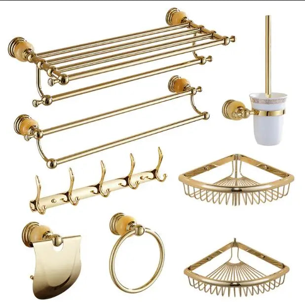 DecorBites™ Brass & Jade Gold Bathroom Accessories Set: Paper Holder, Towel Bar, Soap Basket