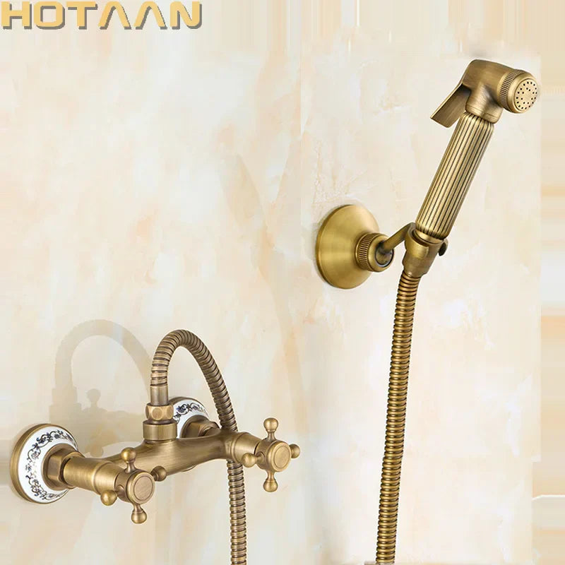 DecorBites™ Antique Brass Bidet with Hot/Cold Mixer, Bronze Shower Head for Anal Cleaning
