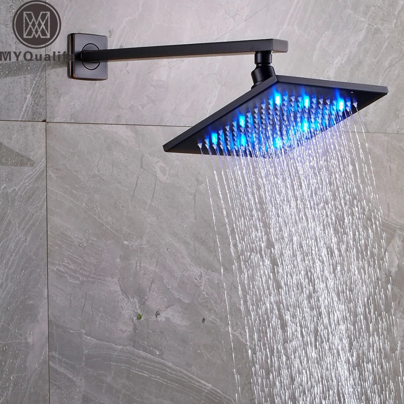 DecorBites™ 8" Brass Square LED Rainfall Shower Head with Wall Mount Arm Pipe