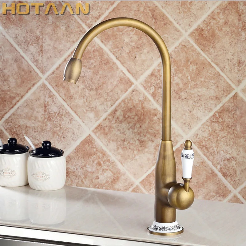 DecorBites™ Antique Brass Kitchen Faucet - Swivel Basin Tap, 360° Rotation, Hot & Cold Water Mixers