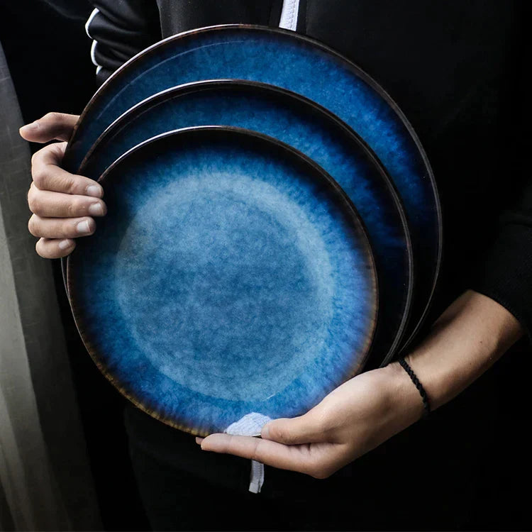 DecorBites™ Blue Ceramic Round Plate - Commercial Steak Dish Wholesale
