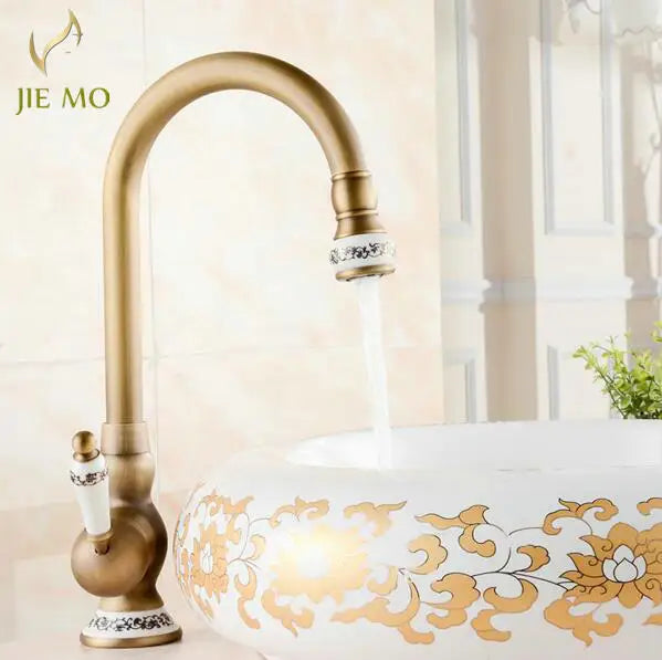 DecorBites™ Antique Brass Porcelain Basin Mixer Hot Cold Tap - 360 Degree Swivel Kitchen Faucet