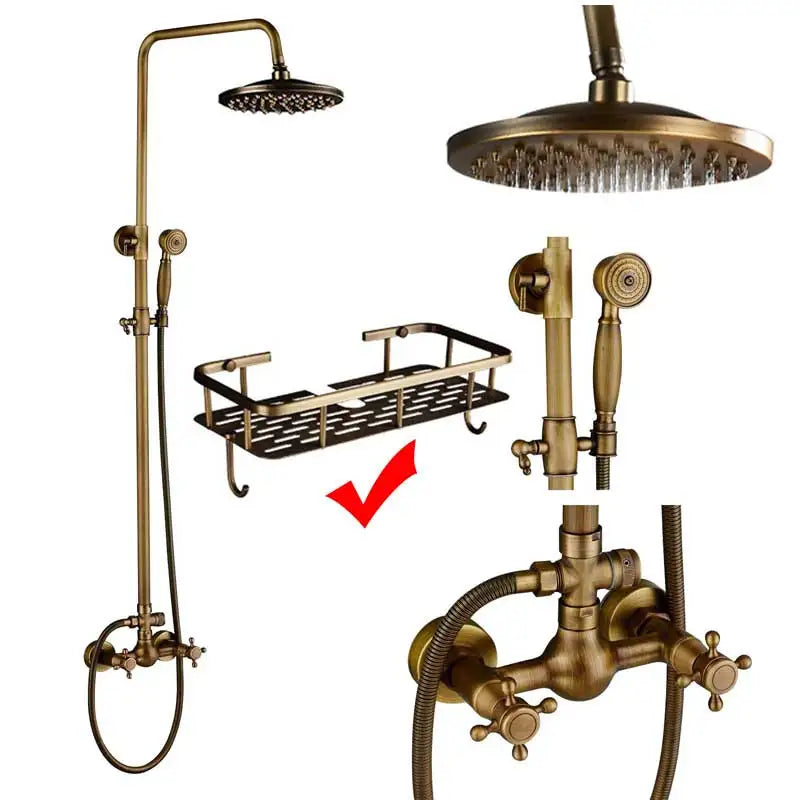 DecorBites™ Brass Antique Shower Faucet Set with Porcelain Ceramic Swivel Bath Spout