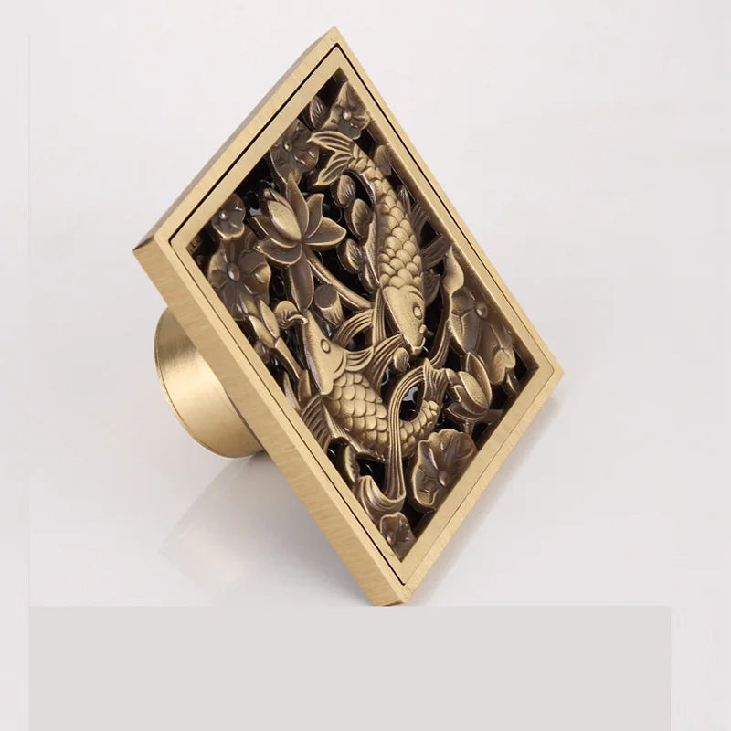 DecorBites™ Antique Brass Square Fish Carved Bathroom Floor Drain Hair Strainer