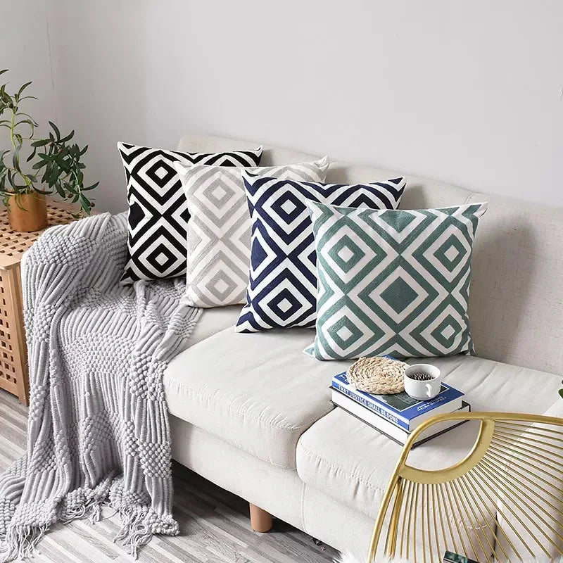 DecorBites™ Geometric Embroidered Cushion Cover Grey Black Blue Square Pillow 45x45cm