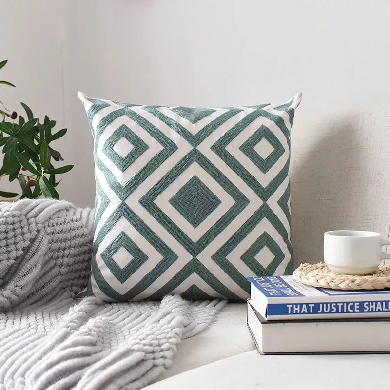 DecorBites™ Geometric Embroidered Cushion Cover Grey Black Blue Square Pillow 45x45cm