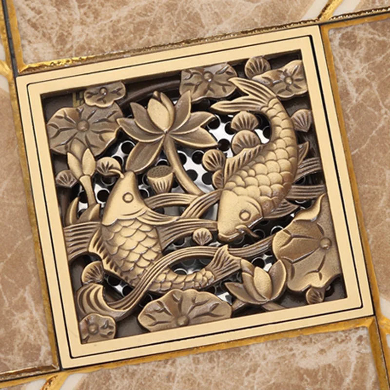 DecorBites™ Antique Brass Square Fish Carved Bathroom Floor Drain Hair Strainer