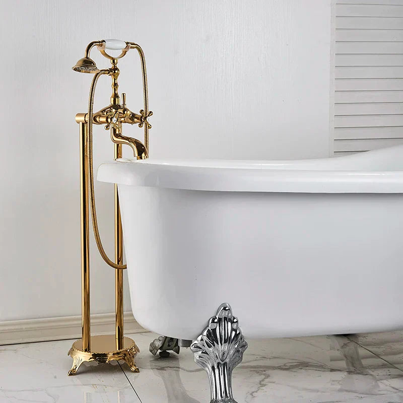 DecorBites™ Dual Handle Clawfoot Bathtub Shower Faucet, Golden Polished Free Standing Mixer