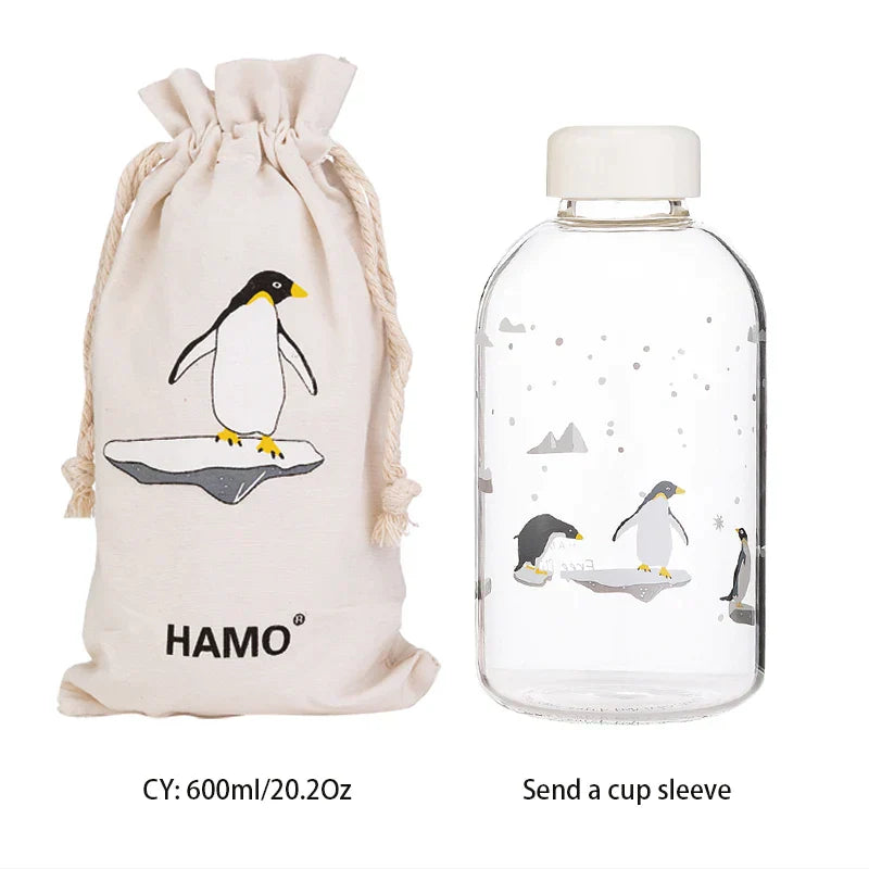 DecorBites™ Animal Glass Water Bottle with Sleeve | Cute Kawaii Design for Outdoor Activities