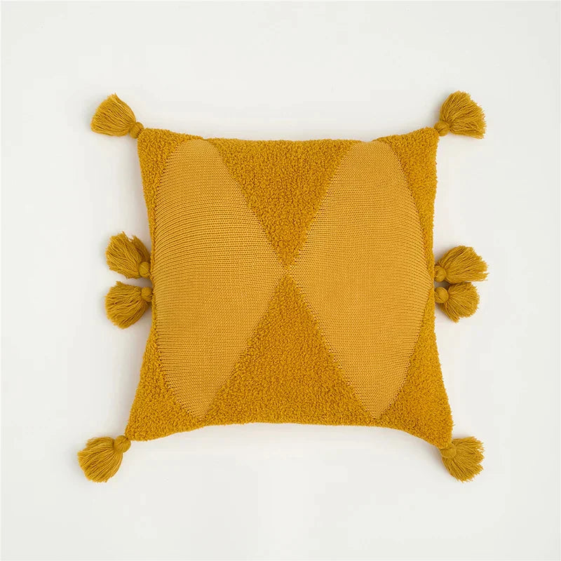 DecorBites™ Knitted Tassel Cushion Cover Blue Mustard Yellow Ivory 45cm*45cm Sok Case