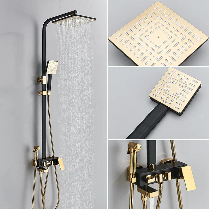 DecorBites™ Black Gold Shower Faucet Set with Bidet Function, Wall Mounted Rainfall Mixer