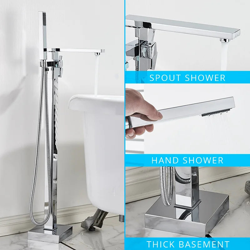 DecorBites™ Gold Bathtub Faucet Set Hot Cold Water Shower Mixer Tap Waterfall Floor Stand