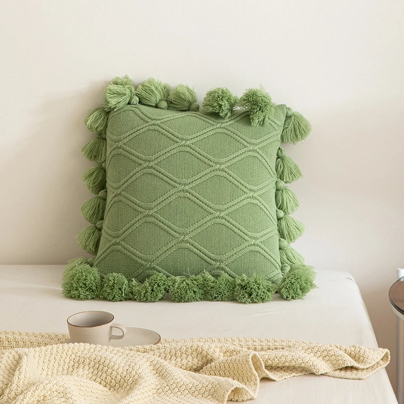 DecorBites™ Boho Style Ivory Green Pink Tassles 45x45cm Cushion Cover for Home Decoration