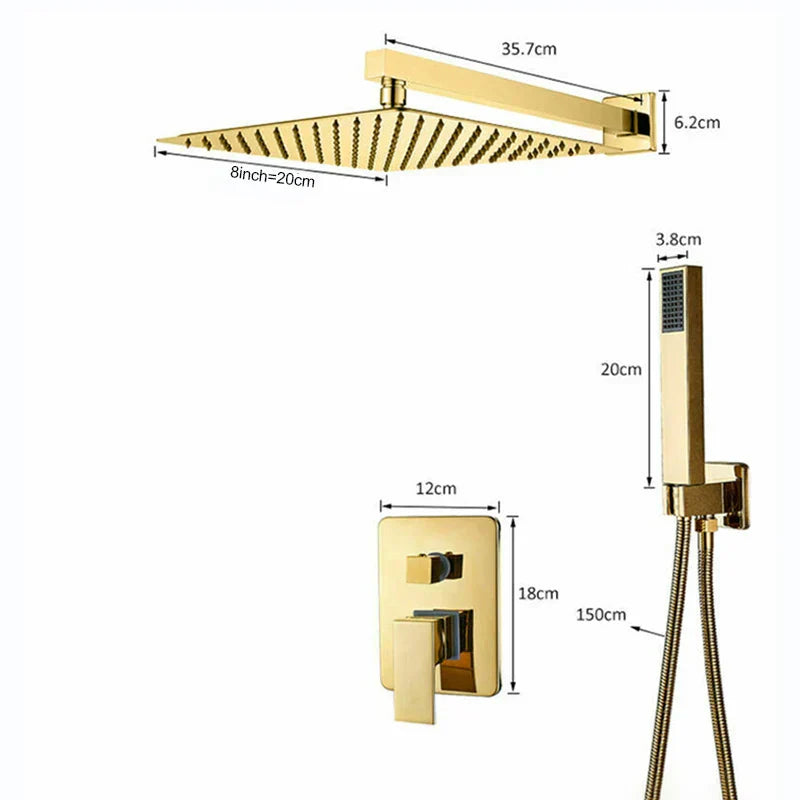 DecorBites™ Golden Bathroom Shower Set with Square Rainfall Head and Concealed Mixer Taps