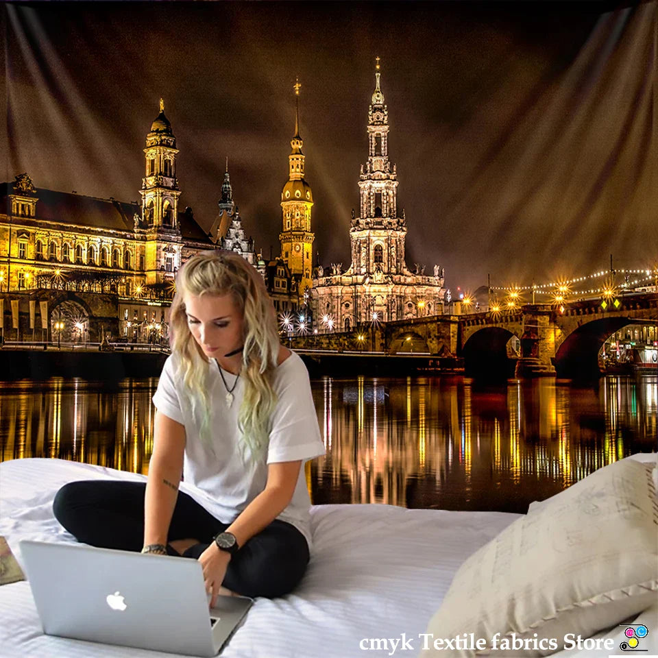 DecorBites™ City Night Scene Tapestry with European London Style Wall Hanging