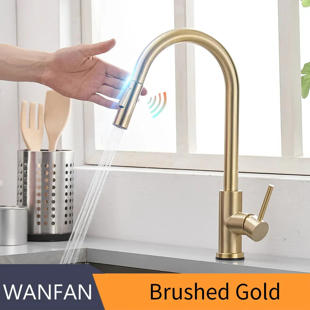 DecorBites™ Brushed Gold Smart Sensor Kitchen Faucet, Dual Outlet, Single Handle