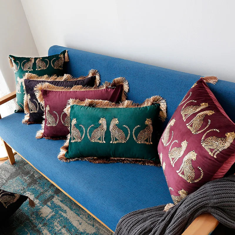 DecorBites™ Leopard Cheetah Print Fringed Cushion Cover in Dark Green, Burgundy, Black