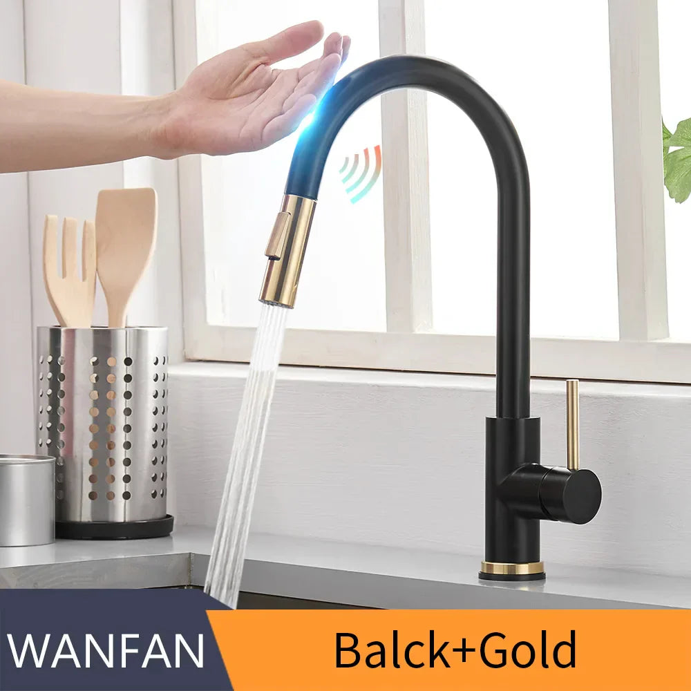 DecorBites™ Brushed Gold Smart Sensor Kitchen Faucet, Dual Outlet, Single Handle