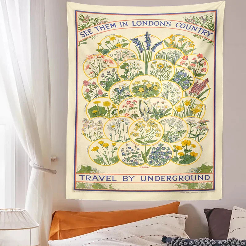 DecorBites™ Botanical Wildflower Tapestry Wall Hanging Floral Print Identification Chart Wall Art