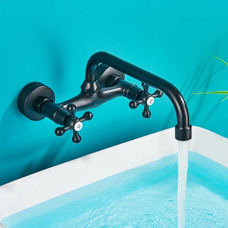DecorBites™ Antique Brass Basin Faucet Wall Mounted Dual Handles Swivel Spout Mixer Tap