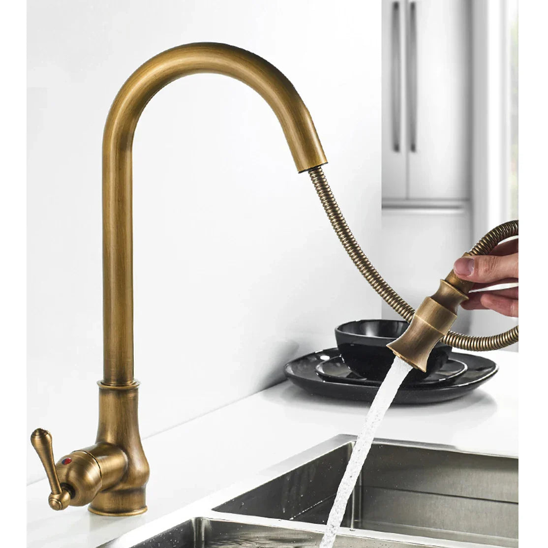 DecorBites™ Antique Brass Kitchen Faucet Swivel Spout Pull Down Hot Cold Mixer