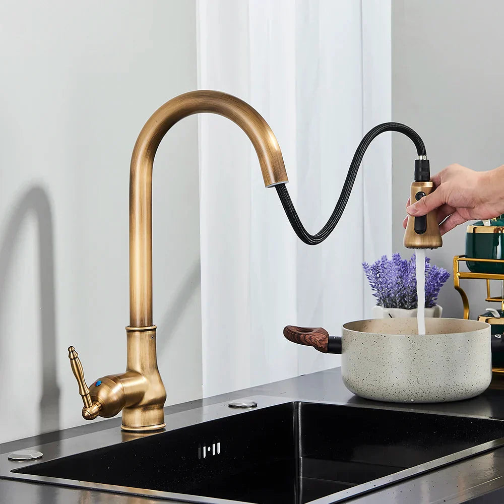 DecorBites™ Antique Brass Kitchen Faucet with Pull Down Spout and Single Handle
