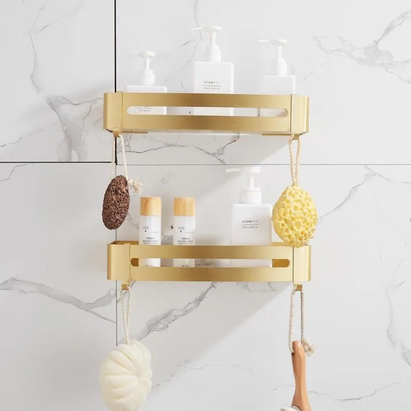 DecorBites™ Aluminum Shower Shelf Brushed Gold Wall Mounted Bathroom Corner Shelf