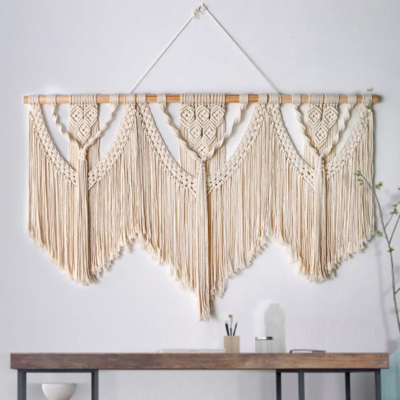 DecorBites™ Large Hand-Woven Macrame Wall Hanging Tapestry with Wooden Stick & Tassels