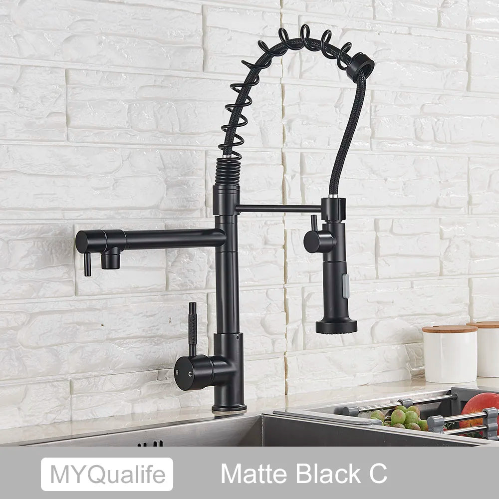 DecorBites™ Dual Spout Kitchen Sink Faucet - Matte Black Finish, Deck Mount Spring Mixer