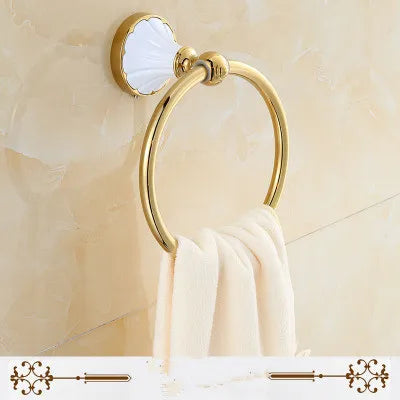 DecorBites™ Gold & White Bathroom Accessories Set: Corner Shelf, Paper Holder, Towel Holder, Toilet Brush Holder, Towel Rack