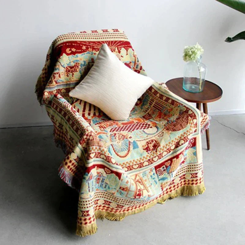 DecorBites™ Bohemian Knitted Sofa Cover with Tassels - Soft Double Sided Couch Blanket