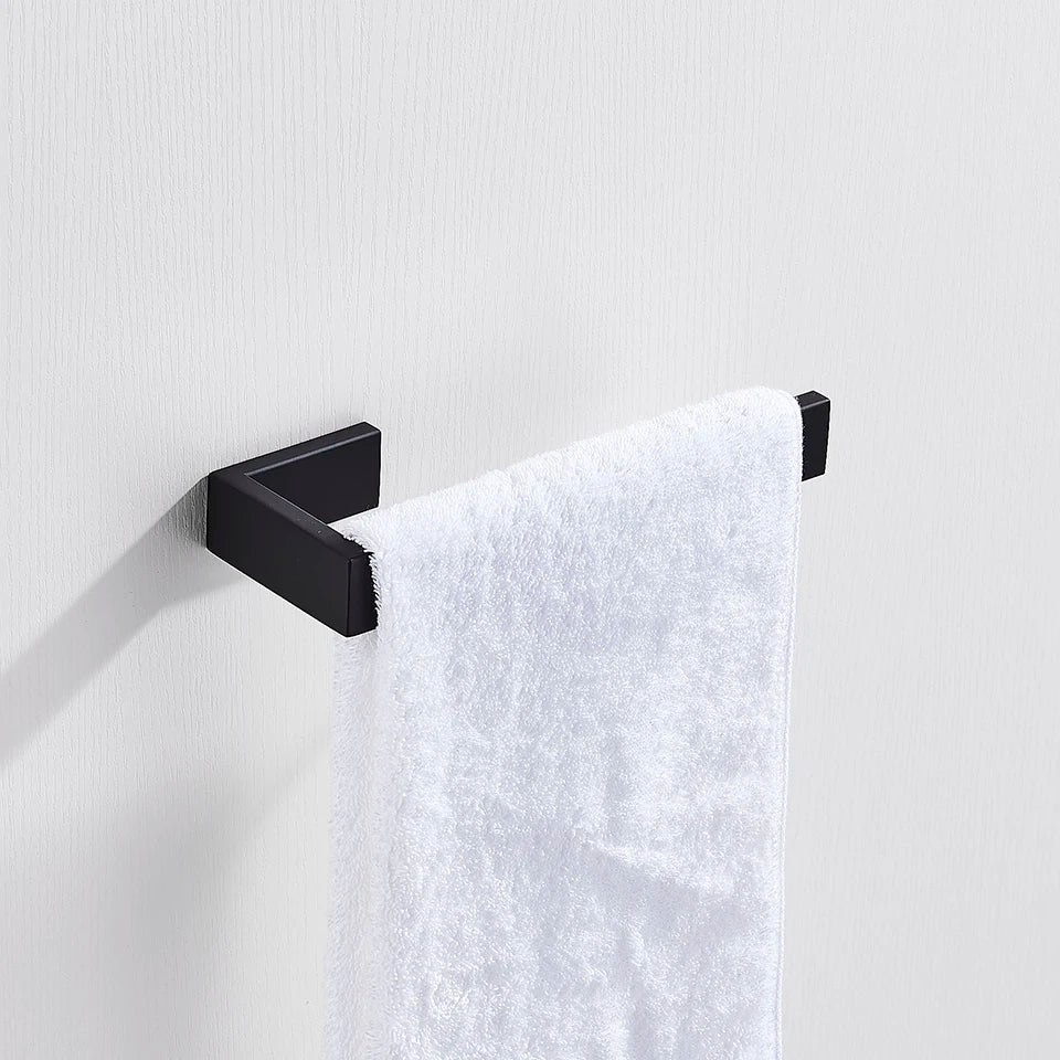 DecorBites™ Black Bathroom Hardware Set: Robe Hook, Towel Bar, Shelf, Tissue Holder, Toothbrush Organizer