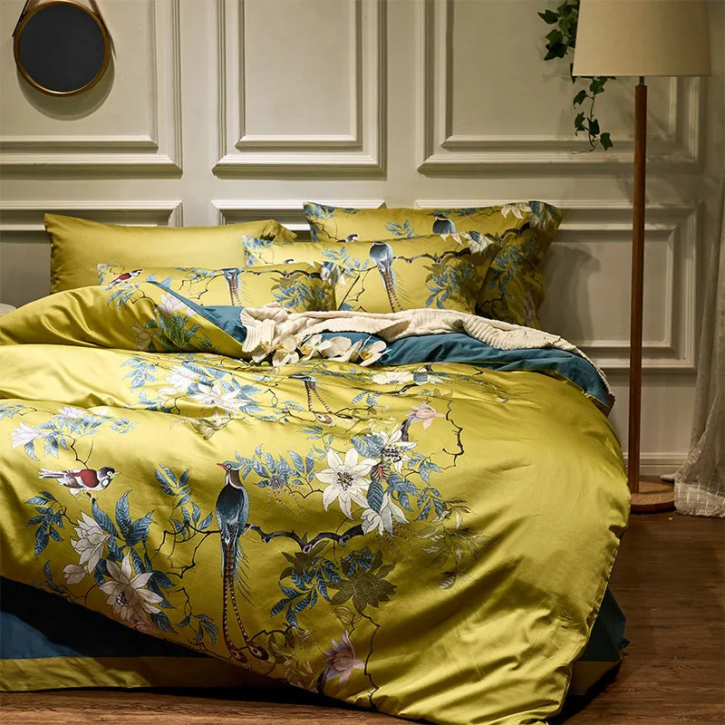 DecorBites™ 600TC Egyptian Cotton Bird Plant Flowers Bedding Set with Digital Printing