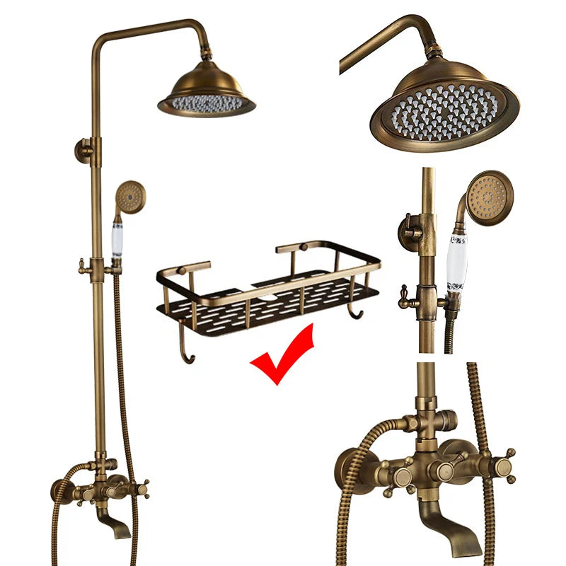 DecorBites™ Brass Shower Faucet Mixer Set with 8" Rainfall Head, Storage Shelf, and Hooks
