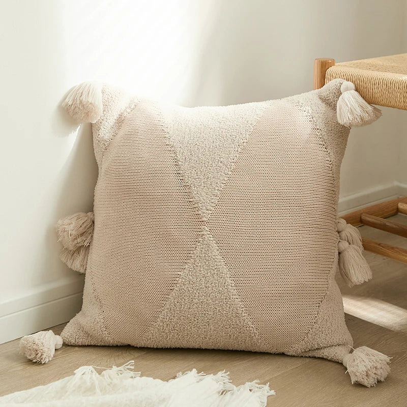 DecorBites™ Knitted Tassel Cushion Cover Blue Mustard Yellow Ivory 45cm*45cm Sok Case