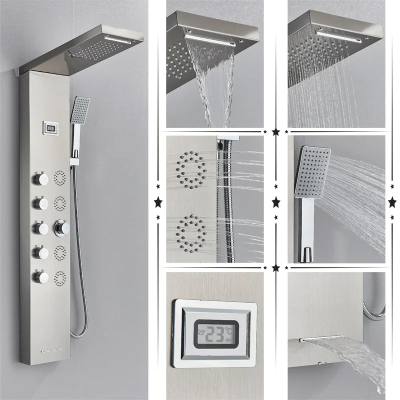 DecorBites™ Black Rainfall Shower Panel Set with Massage System and Temperature Screen
