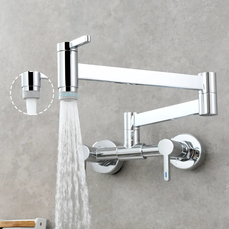 DecorBites™ Brushed Gold Brass Wall-Mounted Kitchen Faucet with Foldable Spout