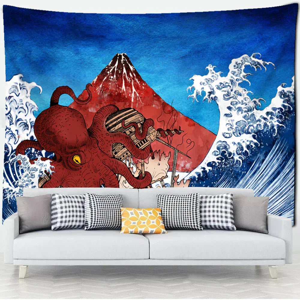 DecorBites™ Kanagawa Waves Oil Painting Tapestry Wall Hanging, Bohemian Style Psychedelic Hippie Art
