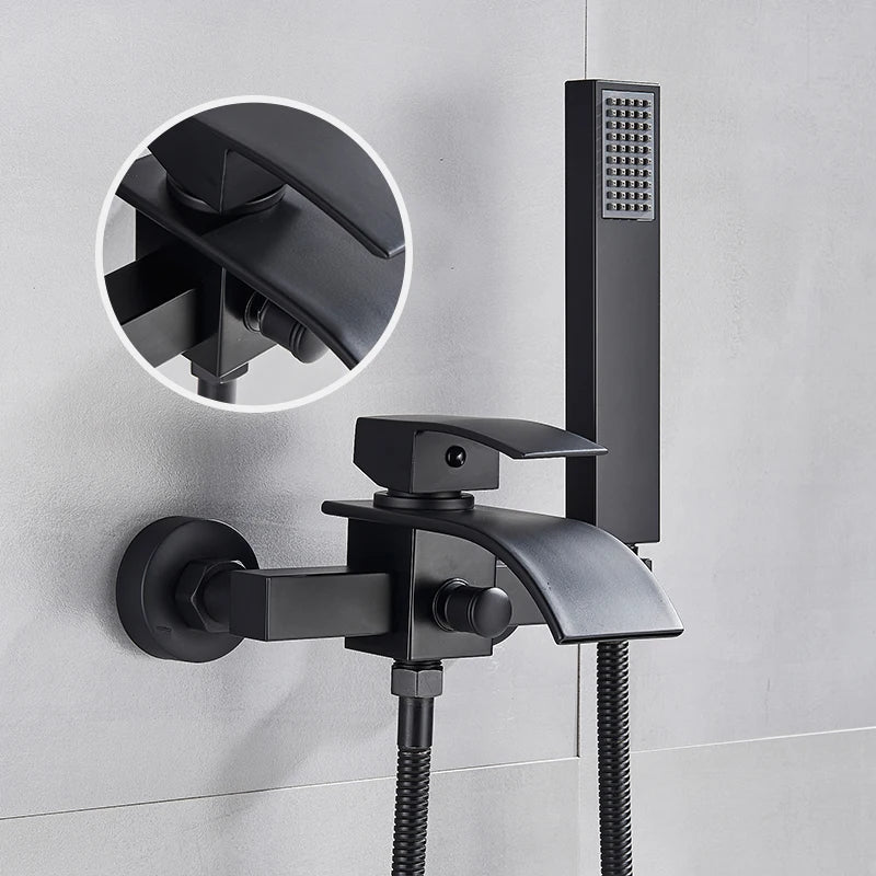 DecorBites™ Black Wall Mount Bathtub Shower Faucet with Waterfall Spout
