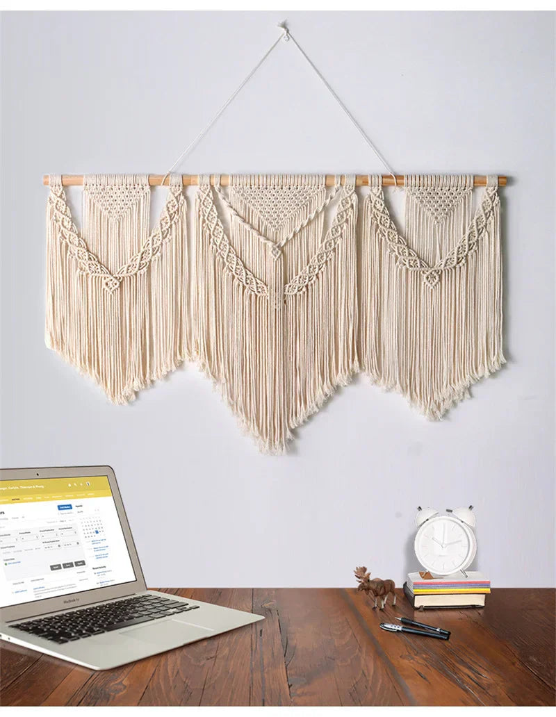 DecorBites™ Large Hand-Woven Macrame Wall Hanging Tapestry with Wooden Stick & Tassels