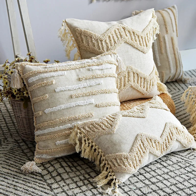 DecorBites™ Boho Style Tufted Tassles Cotton Linen Cushion Cover for Home Sofa Bed